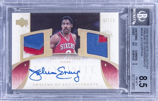 2005-06 UD "Exquisite Collection" Emblems of Endorsements #EMJE Julius Erving Signed Game Used Patch Card (#04/15) - BGS NM-MT+ 8.5/BGS 10